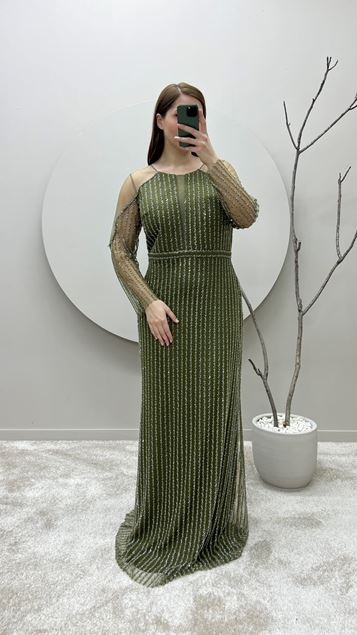 Khaki Chest Detail Embroidered Plus Size Design Evening Dress