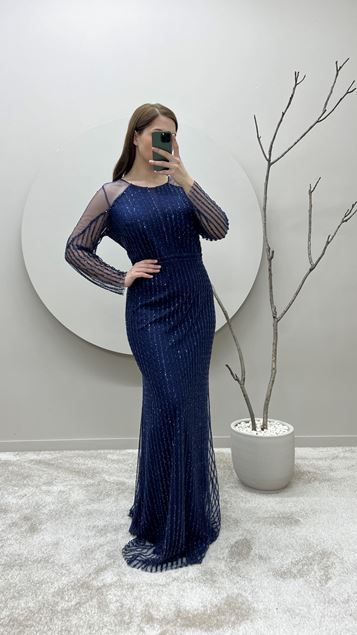 Navy Blue Chest Detail Embroidered Plus Size Design Evening Dress
