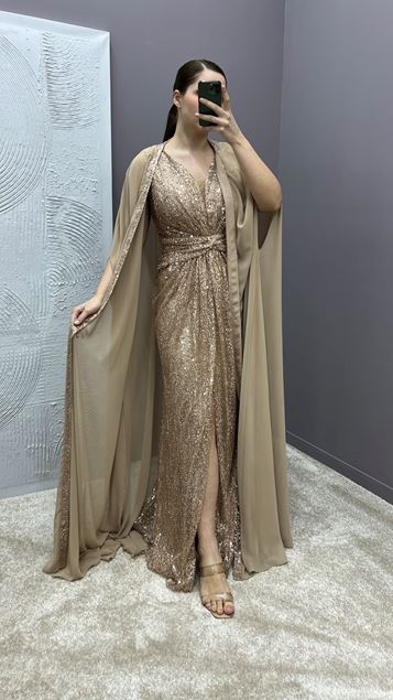 Powder Waist Detail Cape Embroidered Plus Size Design Evening Dress