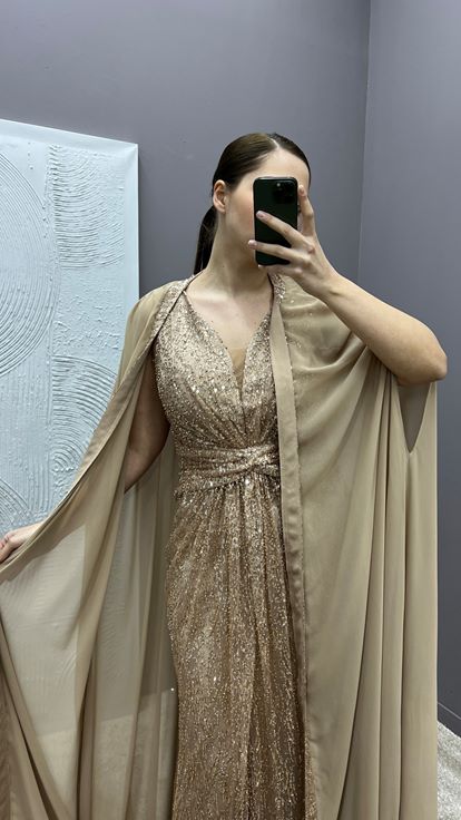 Powder Pink Embroidered Plus Size Designer Evening Dress with Waist Detail and Cape