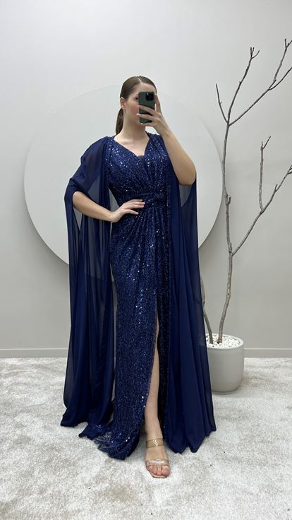 Navy Blue Waist Detail Cape Embroidered Plus Size Design Evening Dress