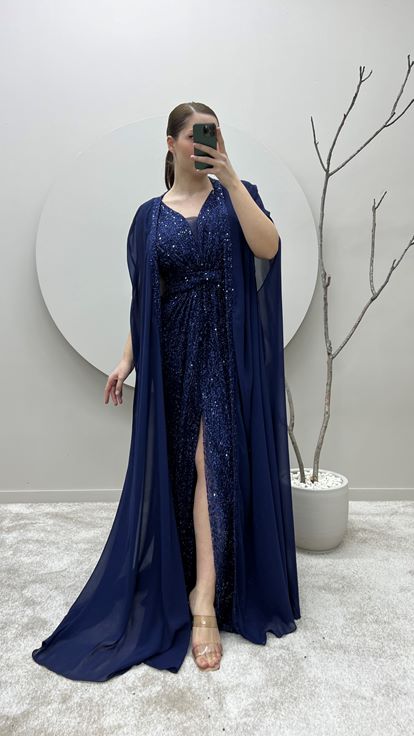 Navy Blue Waist Detail Cape Embroidered Plus Size Design Evening Dress