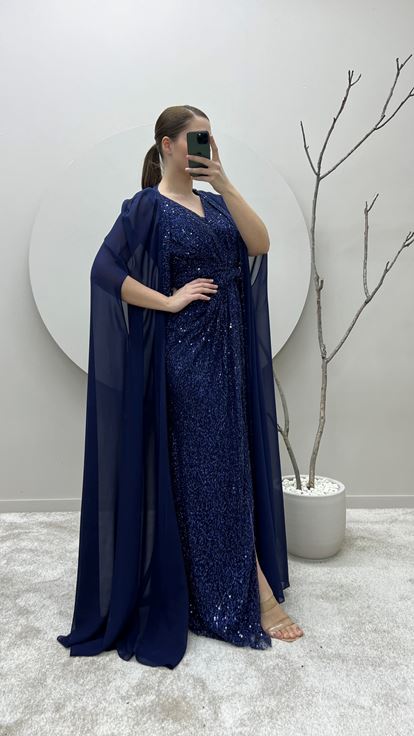 Navy Blue Waist Detail Cape Embroidered Plus Size Design Evening Dress
