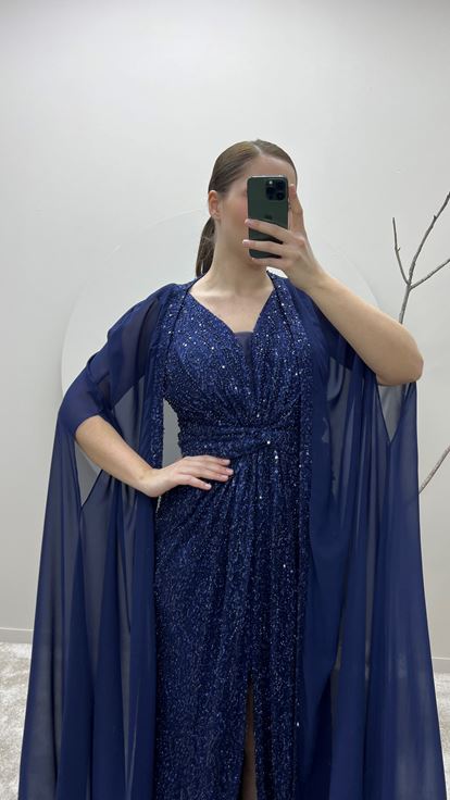 Navy Blue Waist Detail Cape Embroidered Plus Size Design Evening Dress