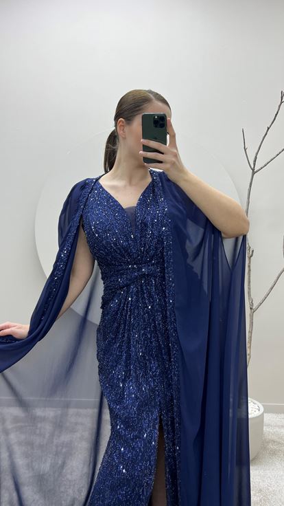 Navy Blue Waist Detail Cape Embroidered Plus Size Design Evening Dress