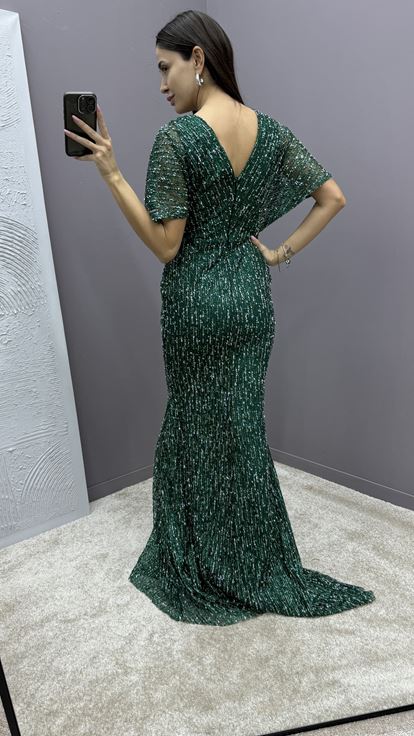 Emerald V Neck Evening Dress with Stone Embellished Waist