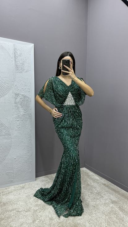 Emerald V Neck Evening Dress with Stone Embellished Waist