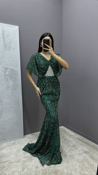 Emerald V Neck Evening Dress with Stone Embellished Waist
