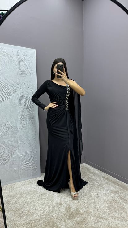 Black Dress with Embellished Sleeves and Gathered Waist 