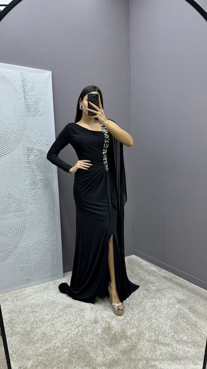 Black Dress with Embellished Sleeves and Gathered Waist 