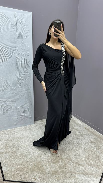 Black Dress with Embellished Sleeves and Gathered Waist 