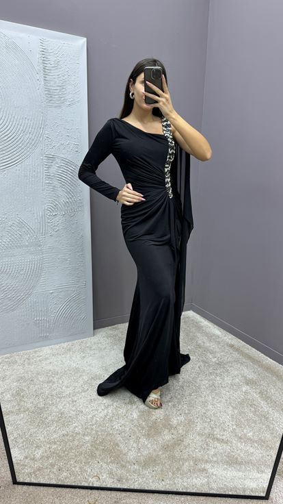 Black Dress with Embellished Sleeves and Gathered Waist 