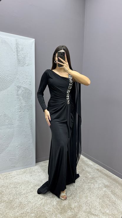 Black Dress with Embellished Sleeves and Gathered Waist 