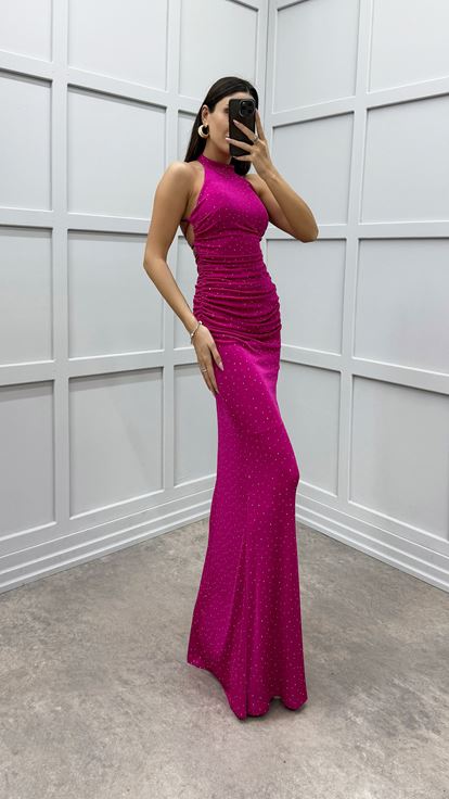 Kleid in Fuchsiafarbenem Design mit gerafftem Ausschnitt