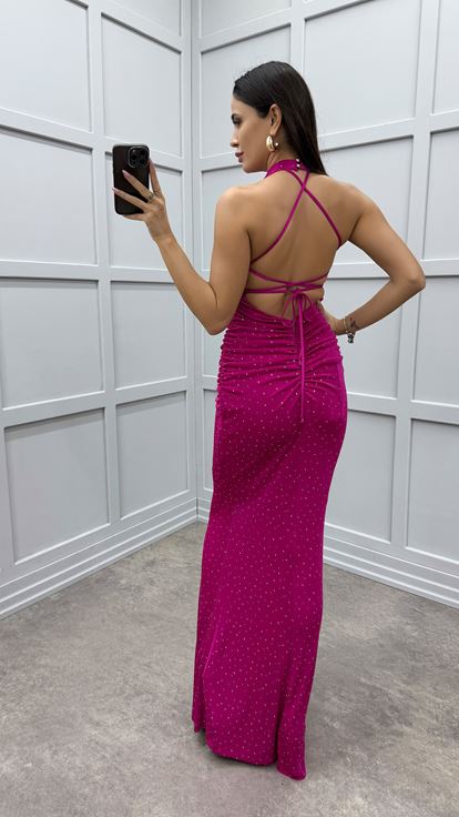 Kleid in Fuchsiafarbenem Design mit gerafftem Ausschnitt