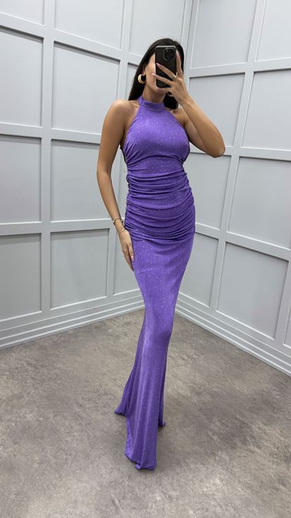 Lila Boyun Detay Büzgülü Tasarım Elbise