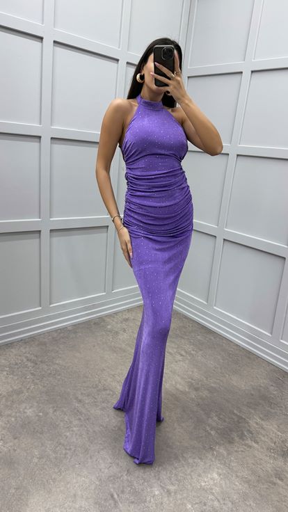 Lila Boyun Detay Büzgülü Tasarım Elbise