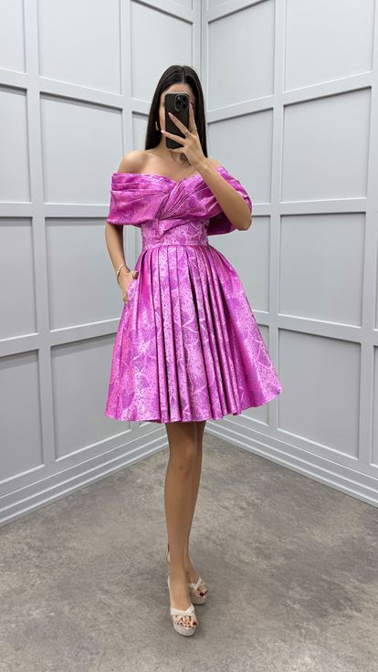 Fuchsia Chest Detail Strapless Pleated Design Dress