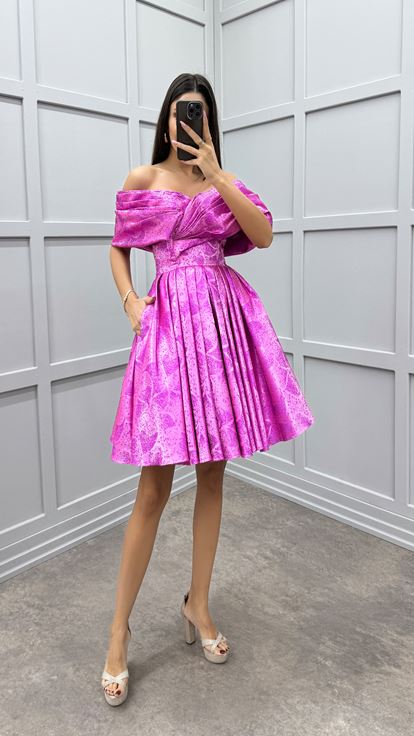 Fuchsia Chest Detail Strapless Pleated Design Dress