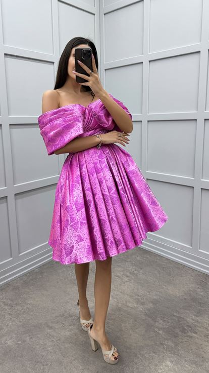 Fuchsia Chest Detail Strapless Pleated Design Dress