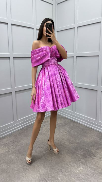 Fuchsia Chest Detail Strapless Pleated Design Dress