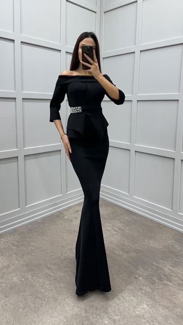 Black Boat Neck Waist Detail Embroidered Design Evening Dress