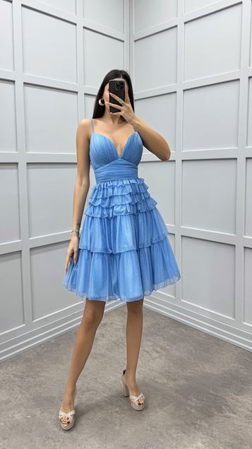 Mavi İp Askılı Kat Kat Tasarım Mini Elbise