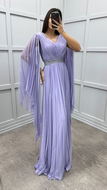 Cintura lila Piedra Mangas plisadas Diseño de murciélago Vestido de noche