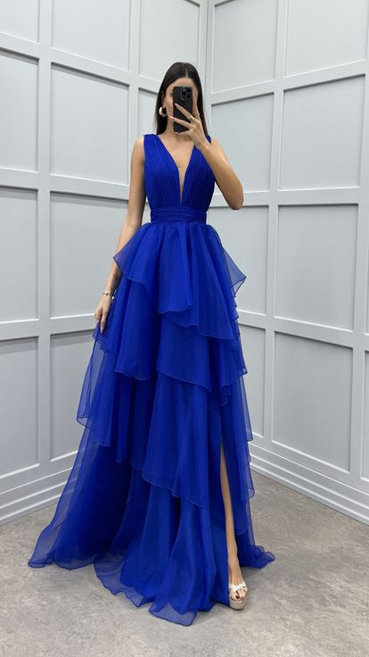 Vestido de gasa de diseño en capas plisado en el pecho de Sax
