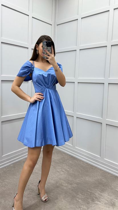 Indigo Heart Collar Waist Detail Design Mini Dress