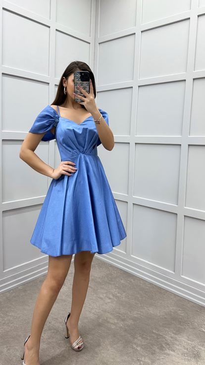 Indigo Heart Collar Waist Detail Design Mini Dress