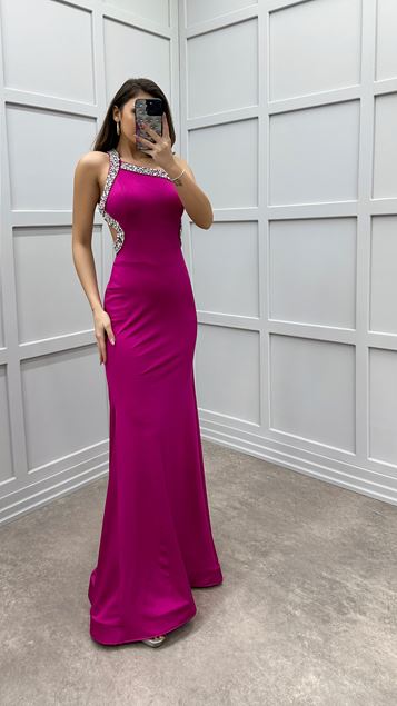 Vestido de noche fucsia de diseño de un hombro