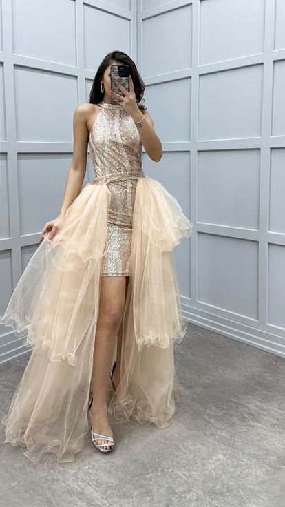 Beige Shoulder Detail Sequin Embroidered Layered Design Tulle Dress