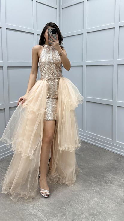 Beige Shoulder Detail Sequin Embroidered Layered Design Tulle Dress