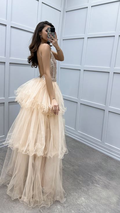 Beige Shoulder Detail Sequin Embroidered Layered Design Tulle Dress