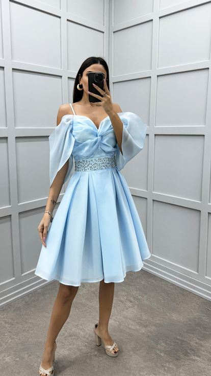 Baby Blue Strappy Mini Evening Dress with Rhinestone Waist Design