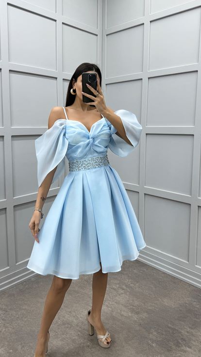 Baby Blue Strappy Mini Evening Dress with Rhinestone Waist Design