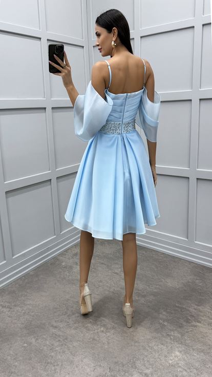 Baby Blue Strappy Mini Evening Dress with Rhinestone Waist Design