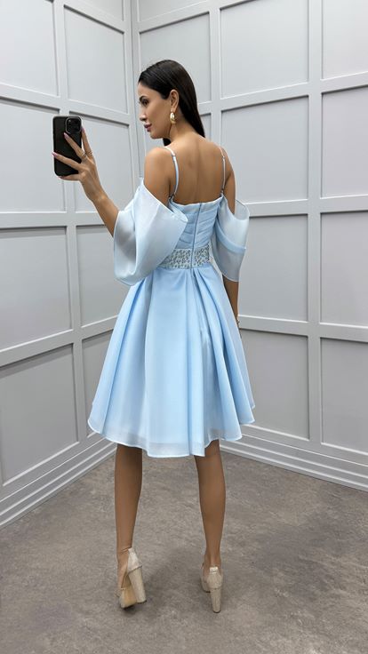 Baby Blue Strappy Mini Evening Dress with Rhinestone Waist Design