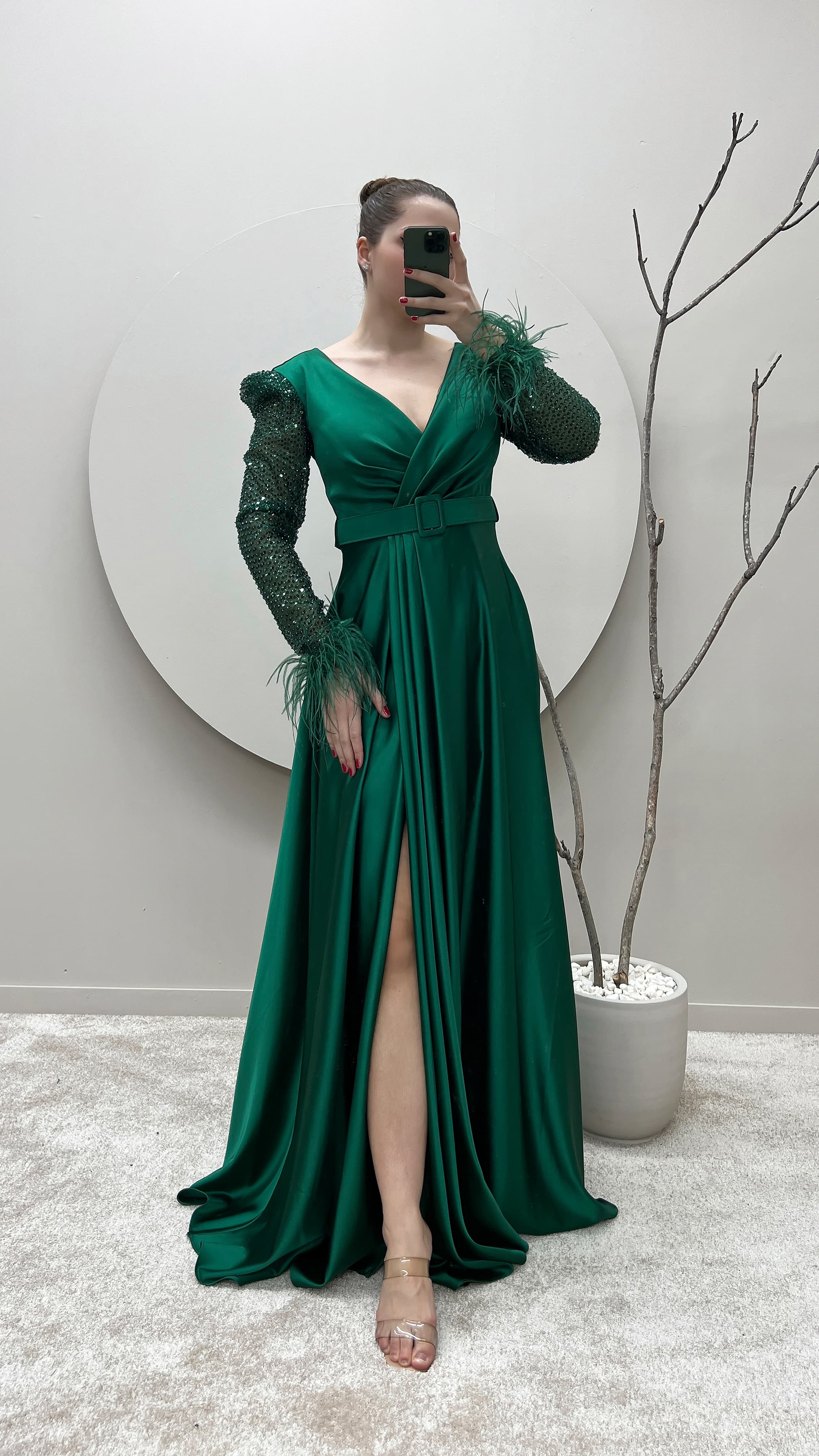 green dress with feather sleeves Poly USA 9082 Fitted Feather Slit Gown