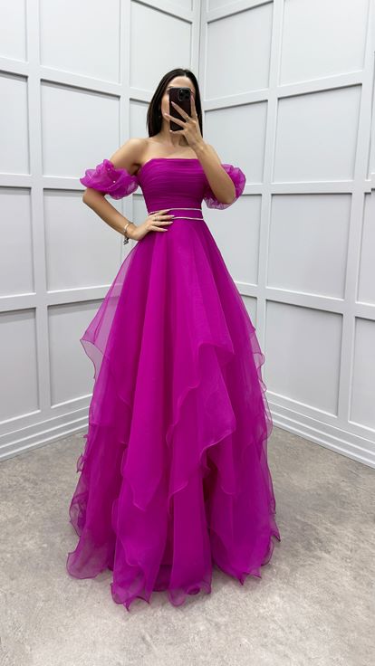 Fuchsia Shoulder Detail Waist Embroidered Design Tulle Dress