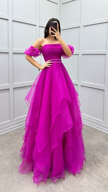 Fuchsia Shoulder Detail Waist Embroidered Design Tulle Dress