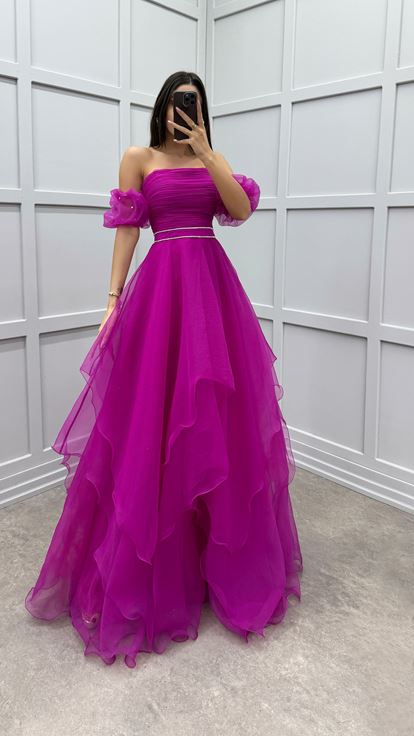 Fuchsia Shoulder Detail Waist Embroidered Design Tulle Dress