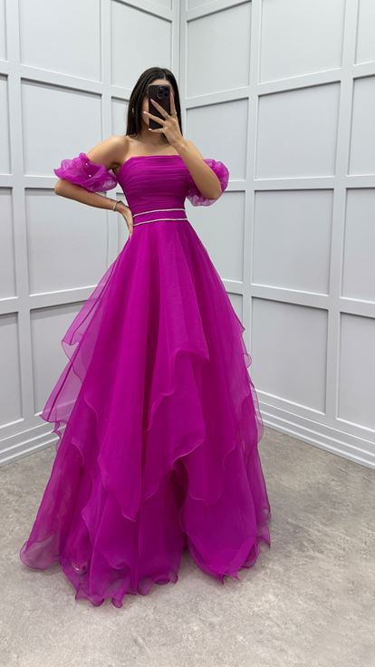 Fuchsia Shoulder Detail Waist Embroidered Design Tulle Dress