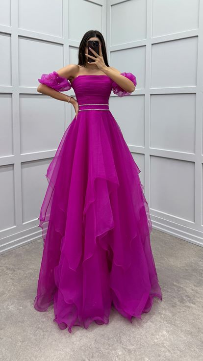 Fuchsia Shoulder Detail Waist Embroidered Design Tulle Dress
