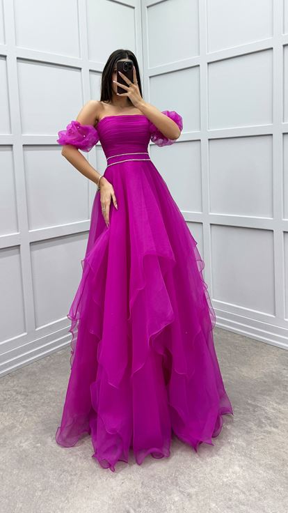 Fuchsia Shoulder Detail Waist Embroidered Design Tulle Dress