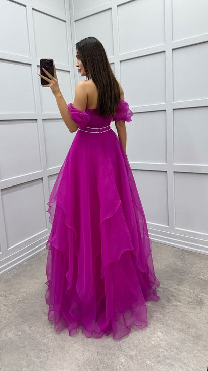 Fuchsia Shoulder Detail Waist Embroidered Design Tulle Dress