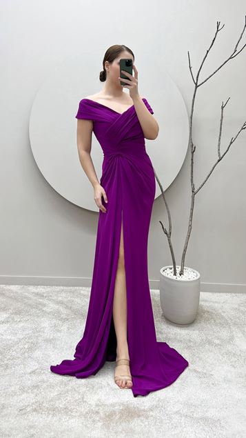 Fuchsia Waist Detail Boat Neck Plus Size Evening Dress