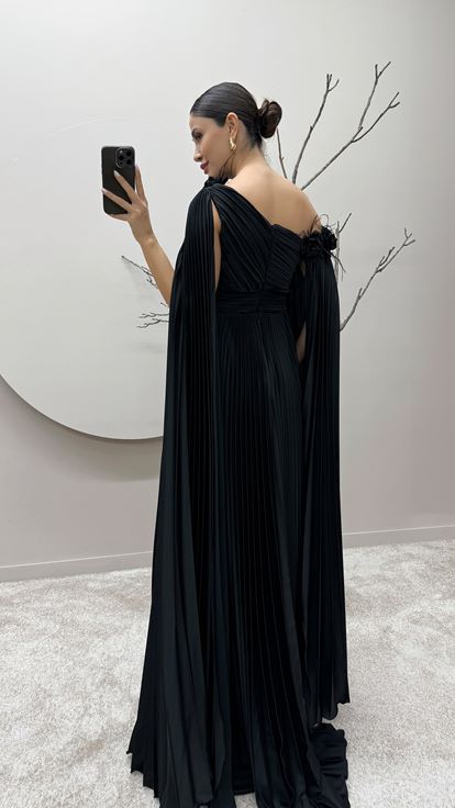 Black One Shoulder Pleated Cape Dress with Feather Detail