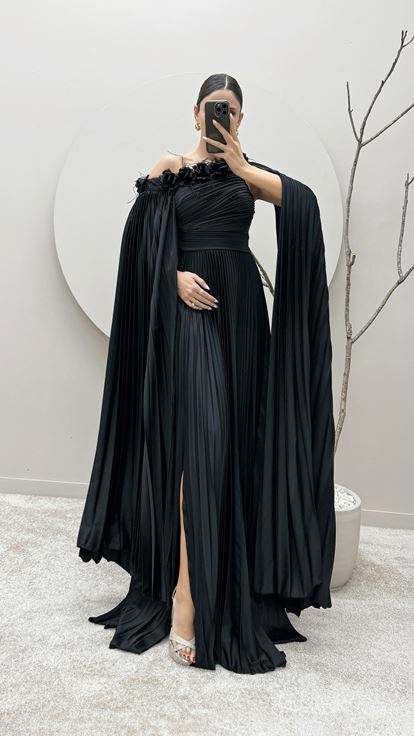 Black One Shoulder Pleated Cape Dress with Feather Detail